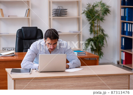 Young male employee sitting in the office Young male employee sitting in the office 87313476