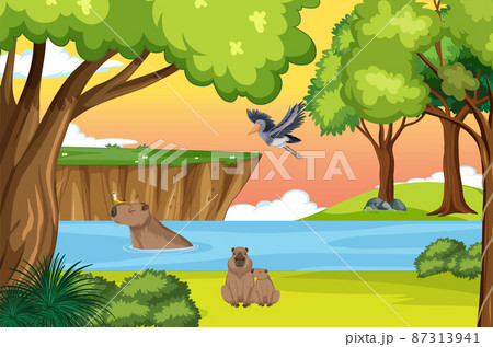 Scene with wombats and bird by the lake Scene with wombats and bird by the lake 87313941