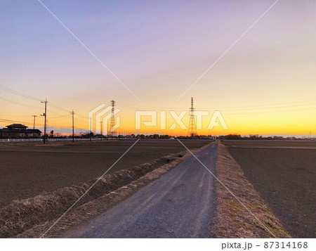 夕暮れの農道と送電線 87314168