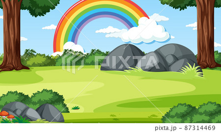 Nature forest scene with rainbow in the sky Nature forest scene with rainbow in the sky 87314469