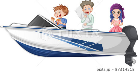 Boy and girl standing on a speeding boat on a white background 87314518