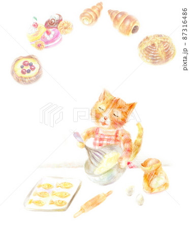 お菓子を作る猫  手描き 87316486