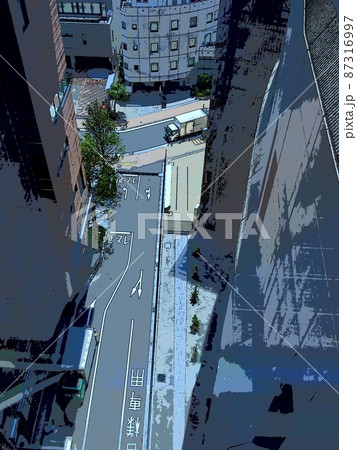 東京の道風景。電柱のない道路。イラスト風の写真。 87316997