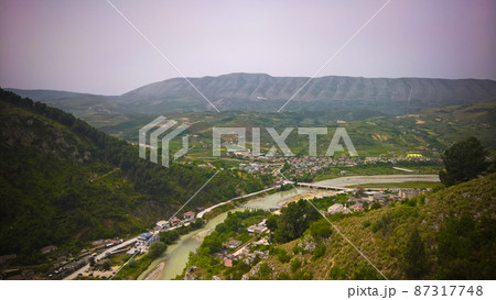 Panoramic aerial view to Berat old town and Osum river from Berat Castle , Albania 87317748