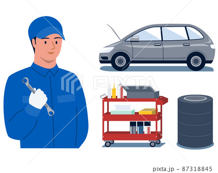 作業服を着て工具を持っている自動車整備士と車、工具ワゴン、積まれたタイヤのベクターイラスト 87318845