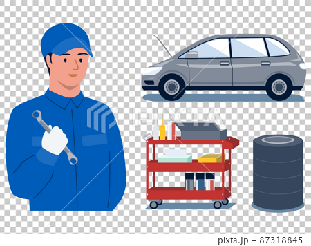 作業服を着て工具を持っている自動車整備士と車、工具ワゴン、積まれたタイヤのベクターイラスト 87318845