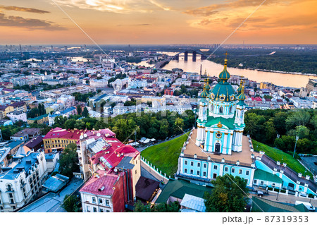 Saint Andrew church and Podil in Kiev, Ukraine 87319353