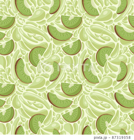 Fruit seamless pattern for textile products, kiwi pieces with juice splashes, kiwi smoothie in a flat style. Vector illustration 87319358