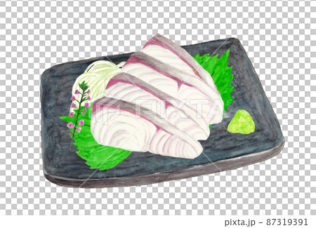 Watercolor illustration of amberjack sashimi served on a plate Watercolor illustration of amberjack sashimi served on a plate 87319391