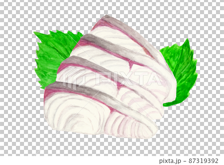 Watercolor illustration of amberjack sashimi on perilla Watercolor illustration of amberjack sashimi on perilla 87319392