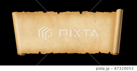 Old paper horizontal banner. Parchment scroll isolated on black Old paper horizontal banner. Parchment scroll isolated on black 87320053
