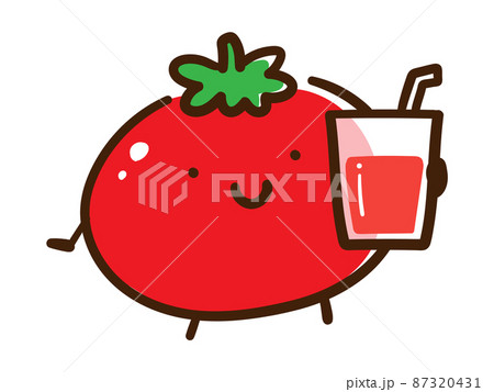 トマトジュースを持つかわいいトマトのキャラクターの手書き風イラストのイラスト素材