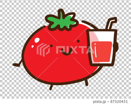 トマトジュースを持つかわいいトマトのキャラクターの手書き風イラストのイラスト素材