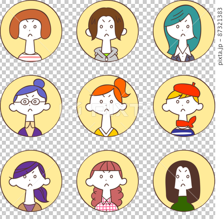 円形で囲まれた9人の若い女性の怒りの表情のアイコン1 87321383