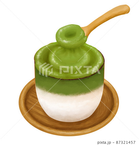 スプーンですくった抹茶味のダルゴナコーヒー　Dalgona Coffee　 87321457