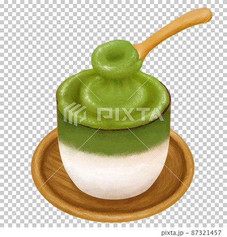 Matcha-flavored Dalgona Coffee scooped with a spoon 87321457