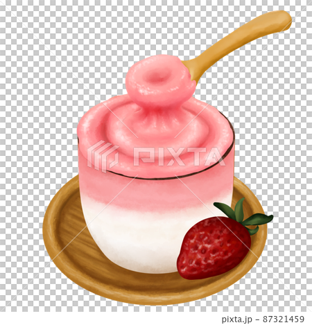 Strawberry-flavored Dalgona Coffee scooped with a spoon 87321459