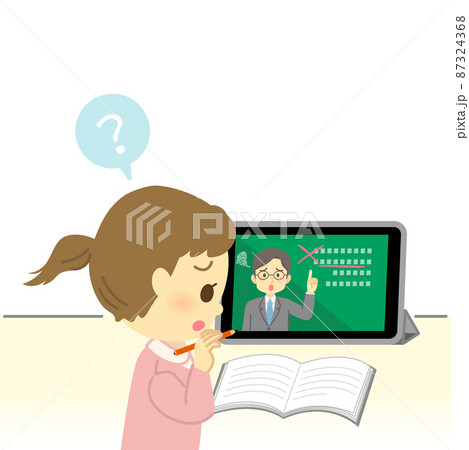 イラスト素材 タブレット画面を見てオンライン授業を受けるが不安な表情の小学生 女の子 はてなマーク のイラスト素材 イラスト素材 タブレット画面を見てオンライン授業を受けるが不安な表情の小学生 女の子 はてなマーク のイラスト素材
