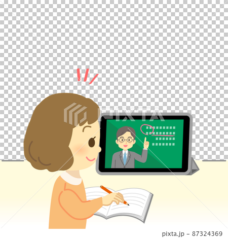 イラスト素材:タブレット画面を見てオンライン授業を先生から受ける笑顔の小学生（女の子/ポジティブ） 87324369