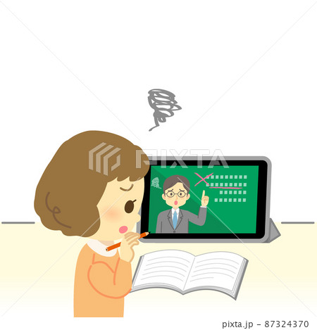イラスト素材:タブレット画面を見てオンライン授業を受けるが理解できない表情の小学生（女の子/不安） 87324370