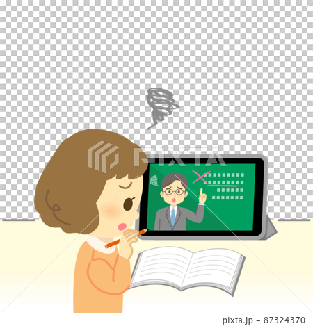 イラスト素材:タブレット画面を見てオンライン授業を受けるが理解できない表情の小学生（女の子/不安） 87324370