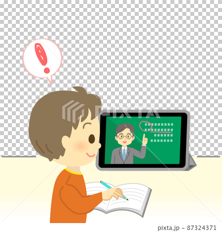 イラスト素材:タブレット画面を見てオンライン授業を先生から受ける笑顔の小学生（男の子/ポジティブ） 87324371