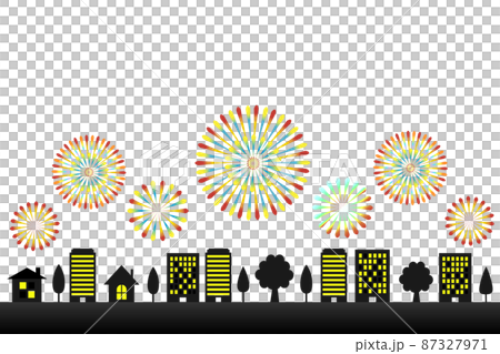 Illustration of fireworks and night view. Image illustration of an urban fireworks display. White background. 87327971
