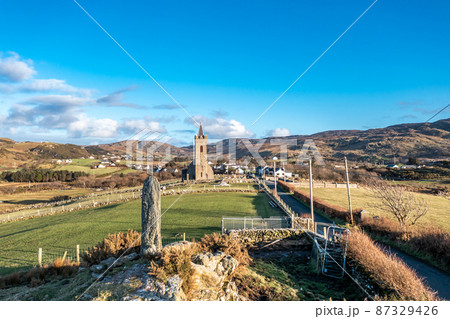 Aerial view of standing stone in Glencolumbkille in County Donegal, Republic of Irleand Aerial view of standing stone in Glencolumbkille in County Donegal, Republic of Irleand 87329426