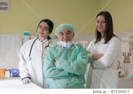 Portrait of doctors wearing uniform and preparing to doing surgical operation at the theater of hospital. Medical Concept. 87330427