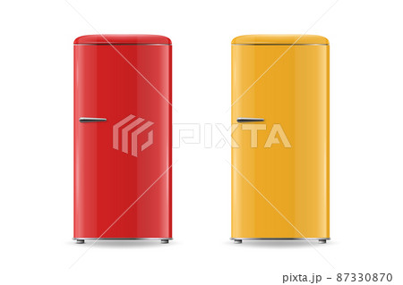 Vector 3d Realistic Retro Vintage Red, Yellow Fridge Icon Set Isolated. Vertical Refrigerators. Closed Fridges. Design Template, Mockup of Fridge. Front View Vector 3d Realistic Retro Vintage Red, Yellow Fridge Icon Set Isolated. Vertical Refrigerators. Closed Fridges. Design Template, Mockup of Fridge. Front View 87330870