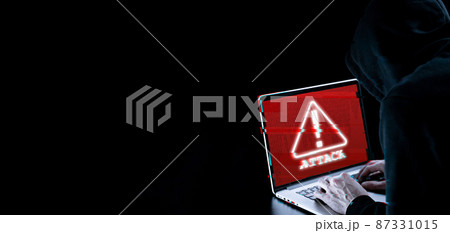 Cyber hacker attack concept. Internet web hack technology. Blurred Digital laptop in hacker man hand isolated on black with glitch effect. Information security terms cybersecurity banner. Cyber hacker attack concept. Internet web hack technology. Blurred Digital laptop in hacker man hand isolated on black with glitch effect. Information security terms cybersecurity banner. 87331015