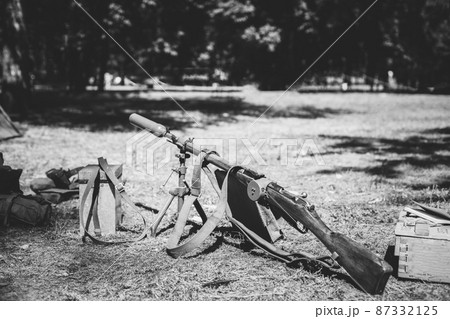 Old soviet russian rifle mosin nagant model 91 38. model 91 cossack receiver with m44 rear sight m 1944 stock and hand guard. rifle with 91 receiver and grenade launcher. Black And White Toned Shot 87332125