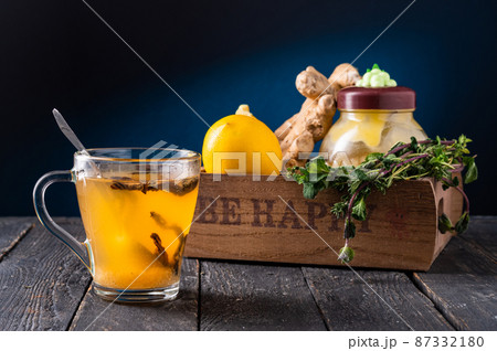 Tea with natural vitamins. Lemon and mint. Be healthy and happy. A set of medicinal products. 87332180