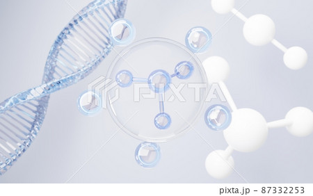 3d render of simple chemical bond in side cell or molecules. The associated of atoms, ions, bond and molecules. Liquid drop bubble background. Covalent bond. Biochemical interaction. 87332253