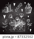 Set of romantic hand drawn elements. Different hearts, flowers and other different elements. Hand-drawn sketch vector 87332502
