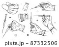 Set of various medical objects. Doctor's hand with a syringe in different positions. Vaccine, mask and syringe. Vector illustration 87332506