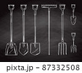 Set of different garden tools. Shovel, rake, pitchfork, spade. Vector illustration in sketch style 87332508