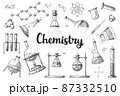 Set of different pharmaceutical flasks, beakers and test tubes. A sketch of chemical laboratory objects. 87332510