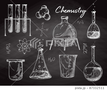 Set of different pharmaceutical flasks, beakers and test tubes. Sketch of chemical laboratory objects on a chalk board. Set of different pharmaceutical flasks, beakers and test tubes. Sketch of chemical laboratory objects on a chalk board. 87332511