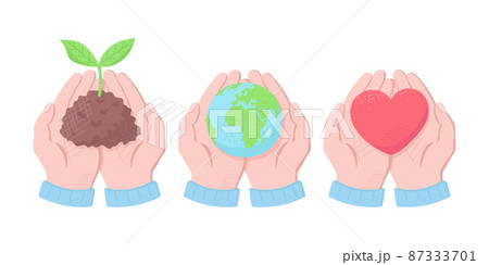 植物の新芽、地球、ハートを両手で大切に守るイラスト　環境保護　エコ 87333701