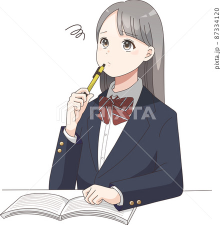 勉強でもやもやしている女子学生　ブレザーリボン 87334120