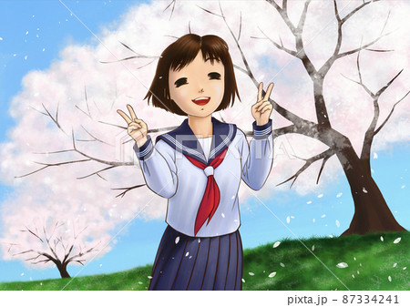 満開の桜並木の下ダブルピースで笑うセーラー服の女子高生 87334241