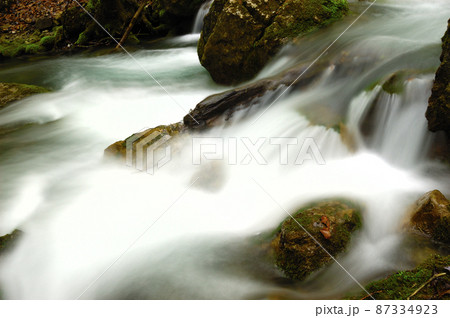 Long exposure view of a hidden river in Crimea, Ukraine. A stone set against a blurred water pattern is ideal for background use. 87334923