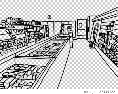 Line art illustration of a frozen showcase inside a convenience store Line art illustration of a frozen showcase inside a convenience store 87335122
