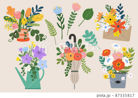 Set of flower bouquet with vases 87335817