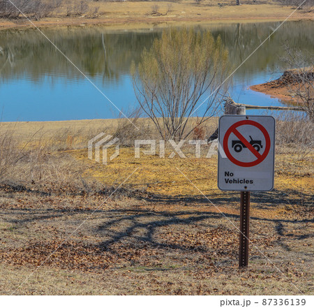 No Vehicles Allowed Sign on Lake Texoma's Shoreline in Kingston, Bryon County, Oklahoma 87336139