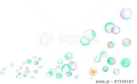 水彩で描いたカラフルなシャボン玉のイラスト素材 フレーム素材 春のイラスト素材 エメラルドグリーンのイラスト素材