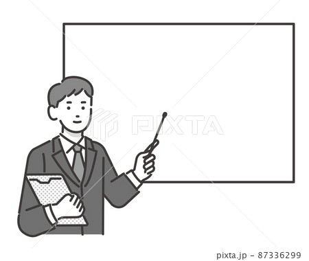 指示棒を持ってホワイトボードを指す葬儀スタッフのベクターイラスト素材／葬式／お葬式／フォーマルウェア 87336299