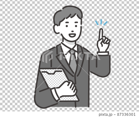 人差し指を立てて説明をする葬儀スタッフのベクターイラスト素材/葬式/お葬式/フォーマルウェア/質問 人差し指を立てて説明をする葬儀スタッフのベクターイラスト素材/葬式/お葬式/フォーマルウェア/質問 87336301
