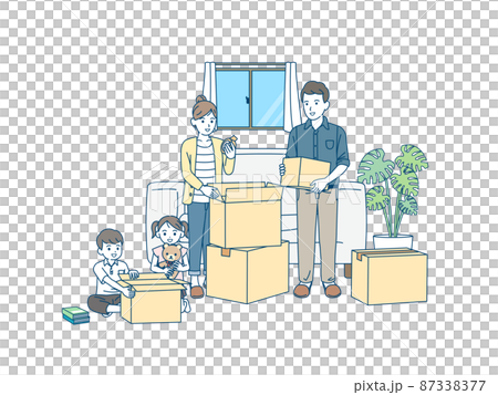 引越しの準備をする家族　親子　荷造り　ダンボール　イラスト 87338377